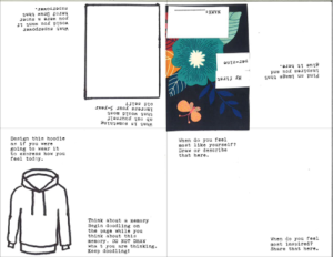 Image of 'zine template with 8 boxes each containing a written prompt.