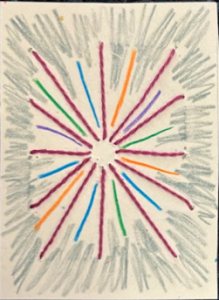 Image of starburst created of red thread, and marker with gray graphite background 