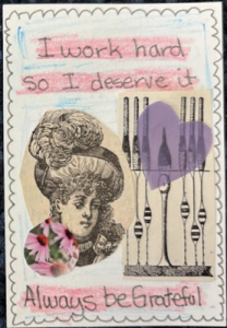 image of black and white woman in hat, purple hat and text "I work hard so I deserve it" and "always be grateful"
