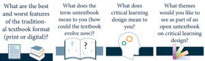This image includes four overall questions to generate feedback on the notion of the textbook. The questions are: What are the best and worst features of the traditional textbook format (print or digital)? What does the term untextbook mean to you? What does critical learning design mean to you? What themes would you like to see as pat of an open untextbook on critical learning design?