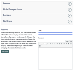 A screenshot of a webpage that includes spaces for authors to choose a perspective (issues, role perspectives, lenses, settings) and then write a response to a prompt.