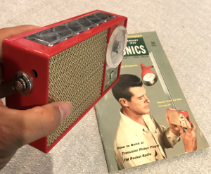 1959 Hoffman Trans-Solar AM radio, one of the earliest mass produced energy harvesting communications systems, with cover ad from January 1959 magazine Popular Electronics.