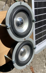 12 Volt, 20 Watt solar panel which charges series hybrid super capacitors. Good volume!