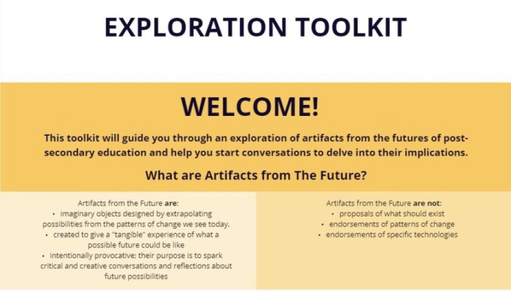 Introductory page of the Artifacts from the Futures of Postsecondary Education Exploration Toolkit.