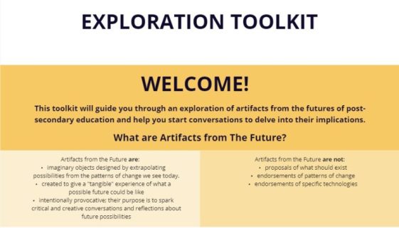 Introductory page of the Artifacts from the Futures of Postsecondary Education Exploration Toolkit.