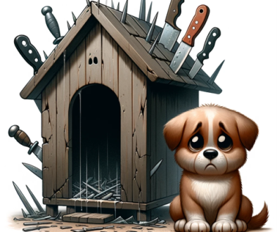 A dog sitting next to a doghouse with rotating blades for walls. Image generated with ChatGPT 4