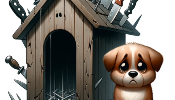 A dog sitting next to a doghouse with rotating blades for walls. Image generated with ChatGPT 4