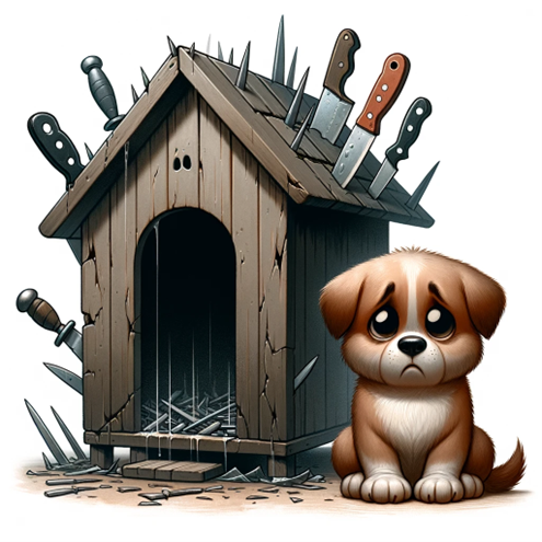 A dog sitting next to a doghouse with rotating blades for walls. Image generated with ChatGPT 4